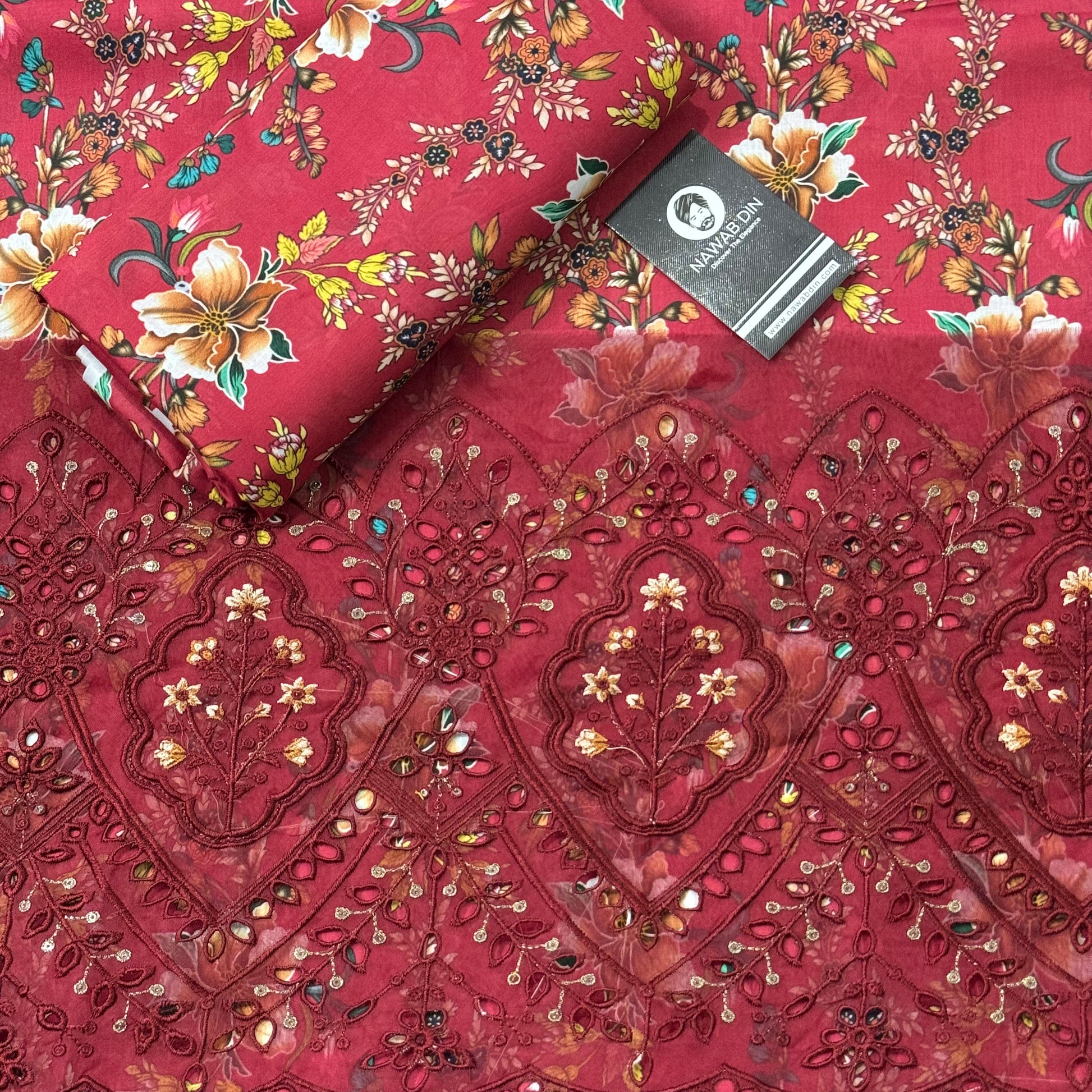 2 Pc Lawn All Over Print With Embroidered Patch - Nawab Din