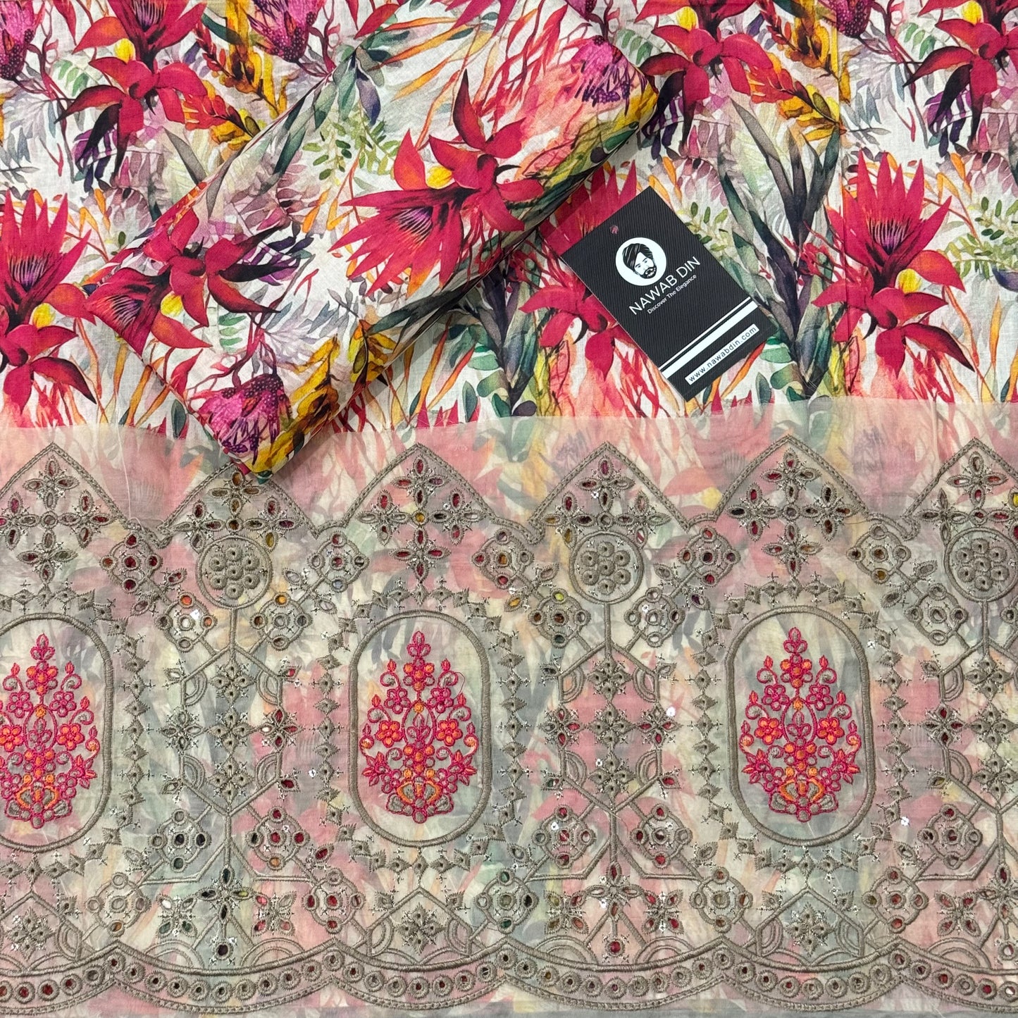2 Pc Lawn All Over Print With Embroidered Patch - Nawab Din