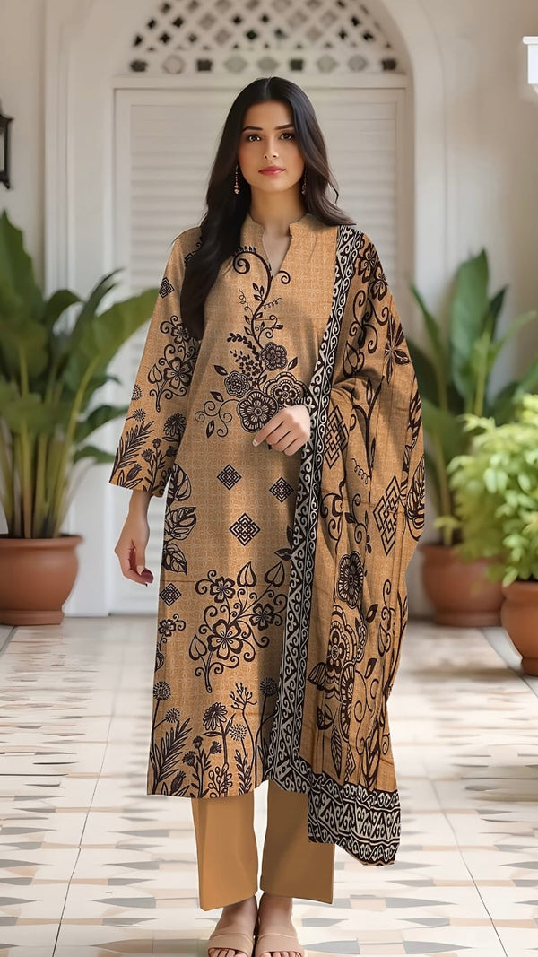 3 Pc Karandi Printed Unstitched Suit